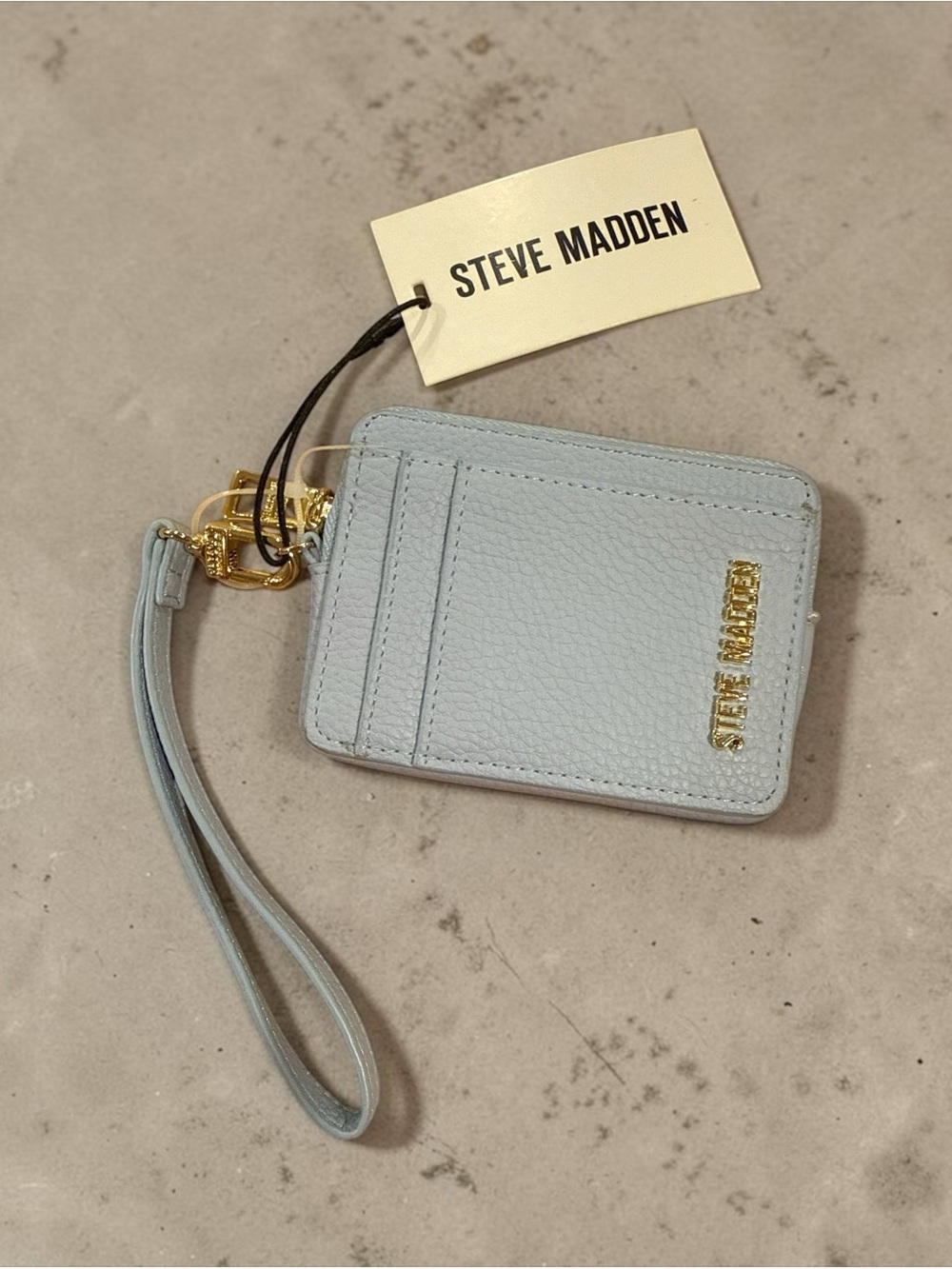 Steve Madden Pale Blue Leather Wristlet Card Holder with Gold Tone Hardware
